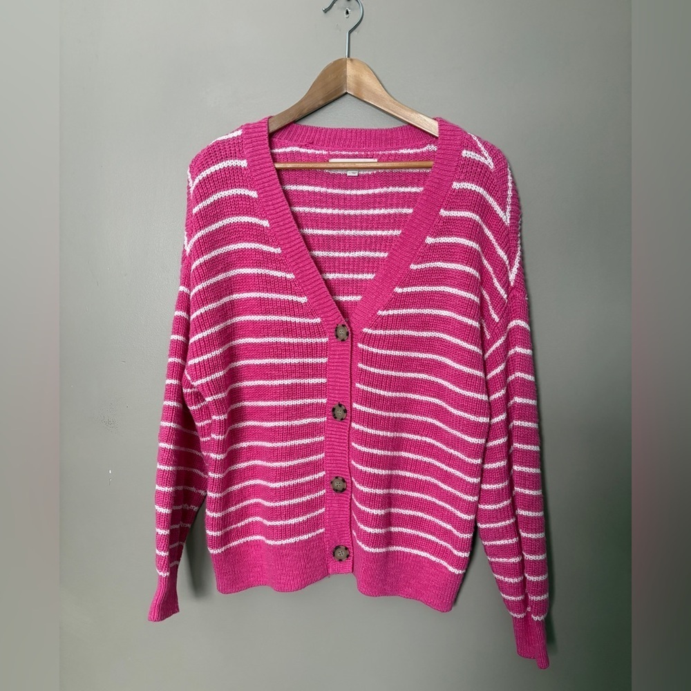 LOFT Striped Relaxed V-Neck Cardigan sweater pink & white preppy casual sz L